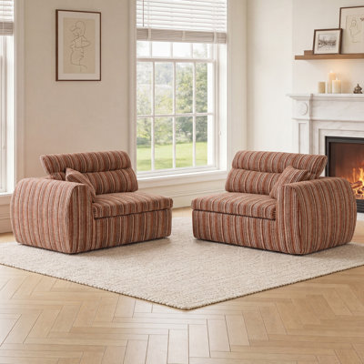 Striped Bouclé Compressed Sponge Sofa, Modern Upholstered Couch with Throw Pillows