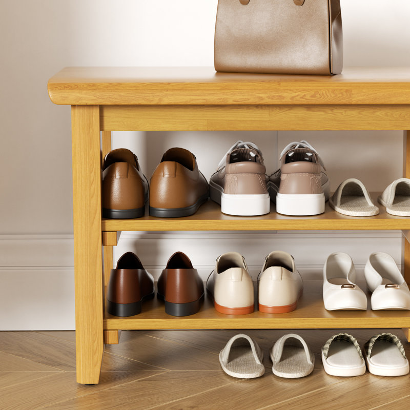 Natural Finish Solid Wood Shoe Storage Bench, 16.5" H x 31.5" W x 11.8" D, Natural