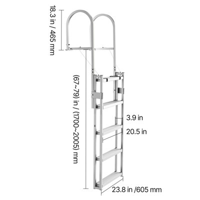 Retractable Dock Ladder, 5 Steps, Aluminum Alloy Pontoon Boat Swim Ladder, with Non-Slip Wide Steps, 350 lbs Weight Capacity, Adjustable Height, for Lake Swimming, Pool, Boat, Marine Boarding