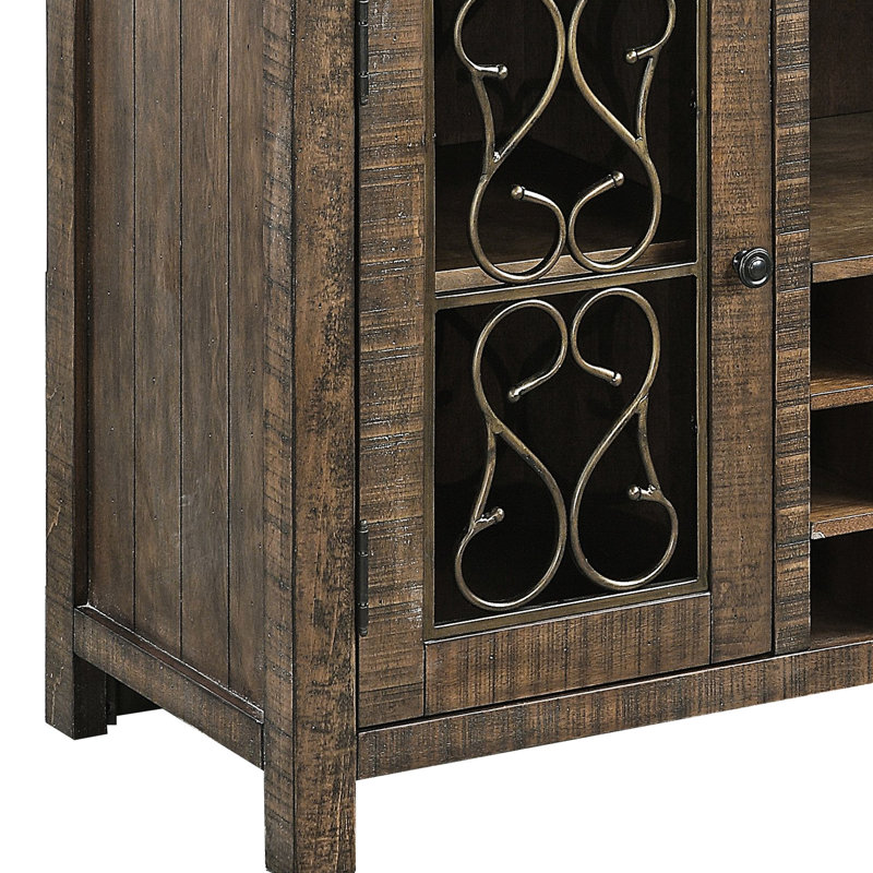 Desserte en finition cerisier patiné - 15 supports à vin, 4 supports, un grand espace pour les objets décoratifs avec porte-gobelet et support pour 15 bouteilles, intérieur élégant, plateau de table épais de 35 mm, bois synthétique