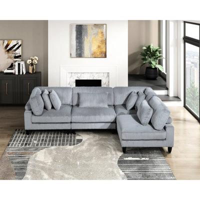Mobilier de salon moderne, 4 modulaires en velours côtelé gris avec base en bois massif contemporain, base