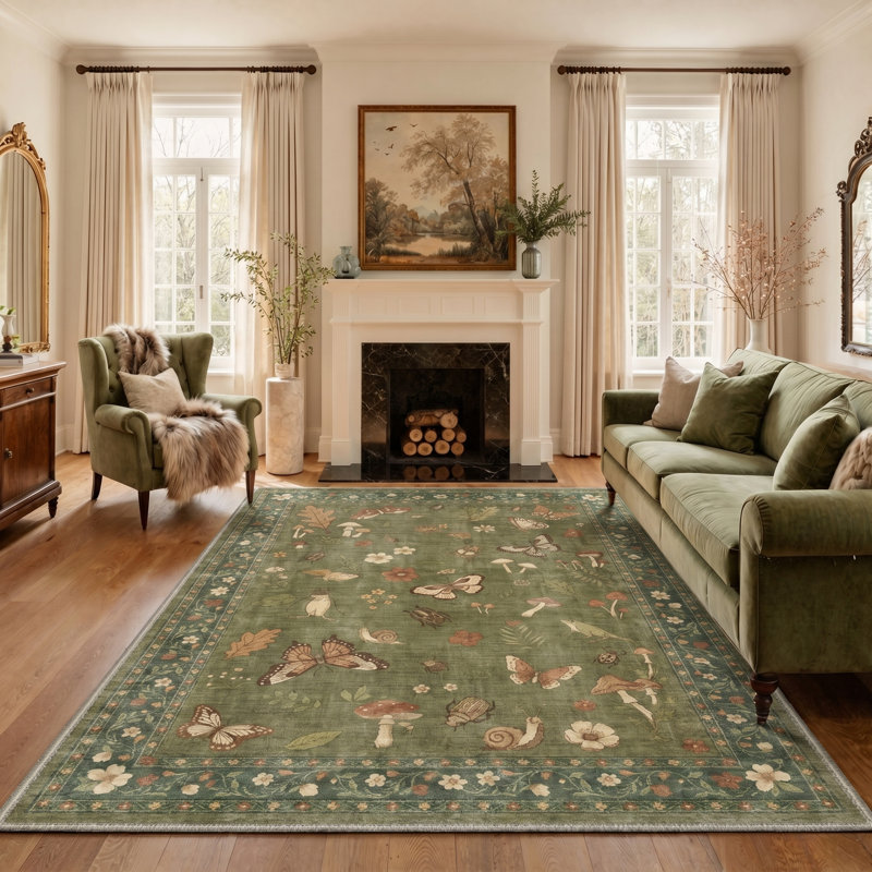 Tapis intérieur vert / beige Woodhaven, Rectangle 5' x 7'