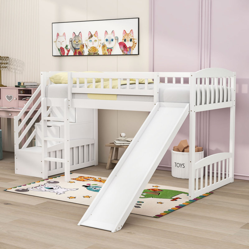 Twin Size Loft Bed With Staircase And Convertible Slide, White