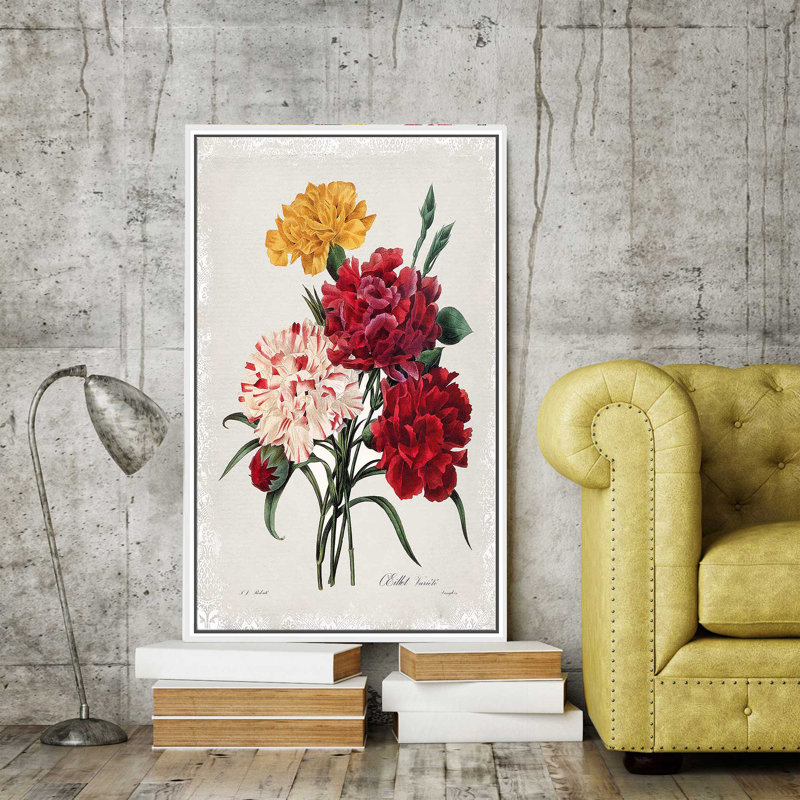 Bouquet botanique avec œillets par - Peinture, H 43,5 po x l 27,5 po x P 2 po, Cadre flottant blanc