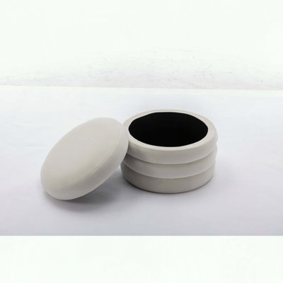 Round Storage Ottoman with Reversible Lid and Wooden Shelving