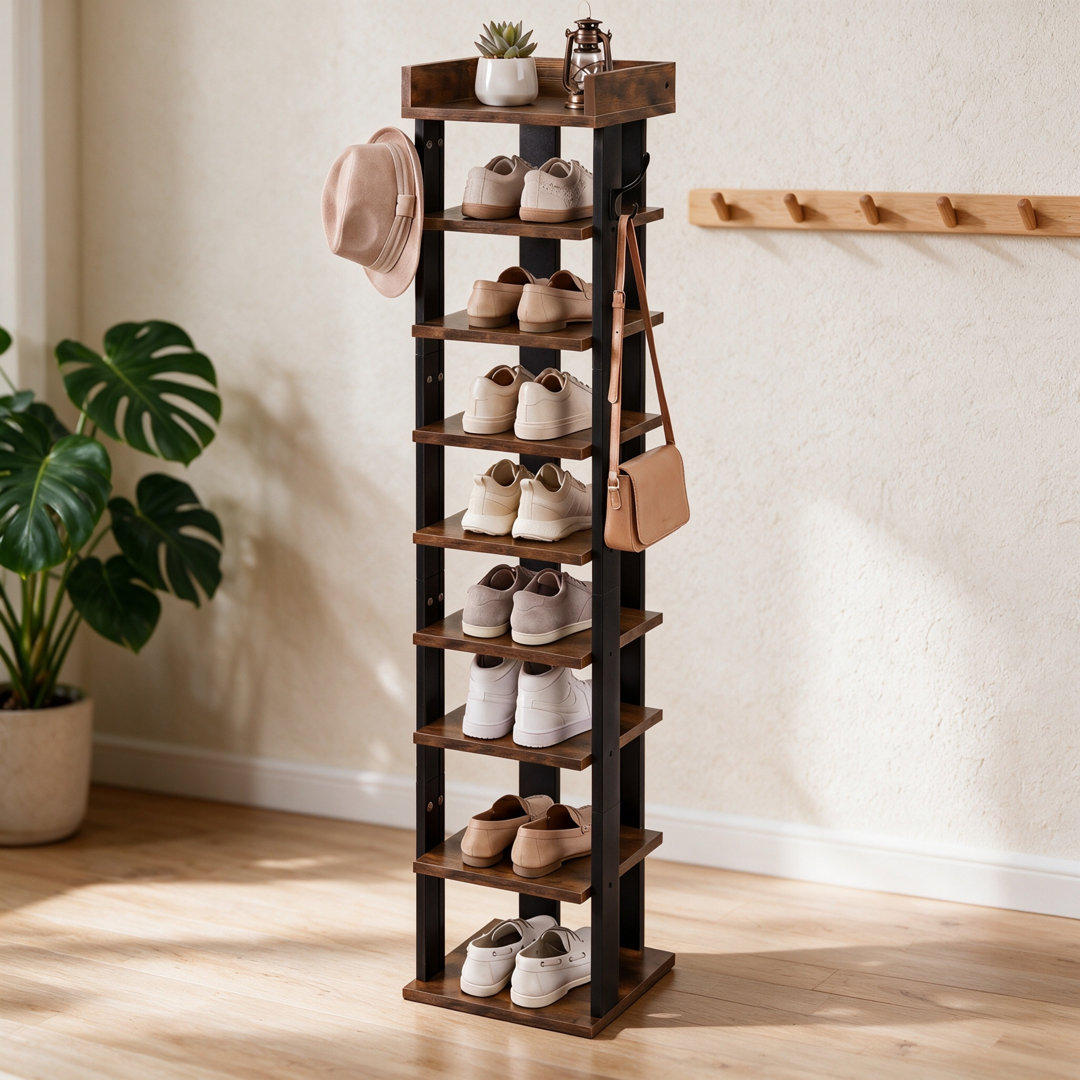9 Tier Narrow Vertical Shoe Rack, Freestanding Slim Shoe Storage Organizer with Hooks, Space Saving Tall Wooden Shoe Shelf for Entryway