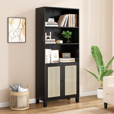 Tall Rattan Door Bookcase With 5 Tier Wooden Shelves, For Organized Storage And Stylish Home Decor In Any Room