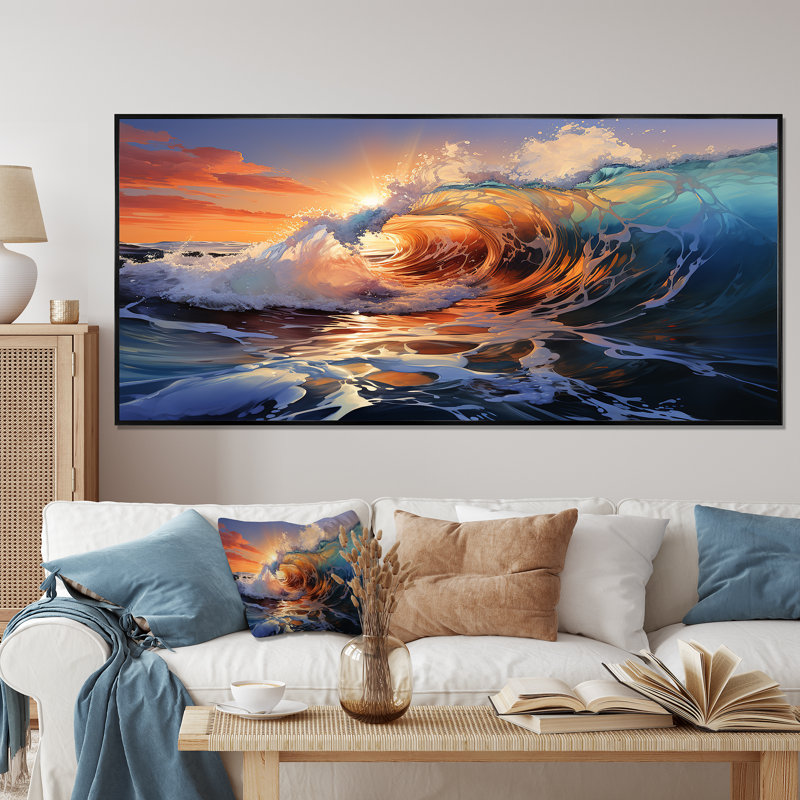 «Blue and Orange Sunrise Waves IV» - art mural vagues côtières, Cadre flottant noir, H 28 po x l 60 po x P 1,5 po