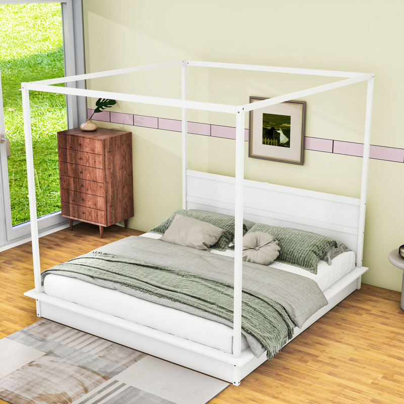 Derel Wood Canopy Platform Bed with Support Slats and LED Light, King