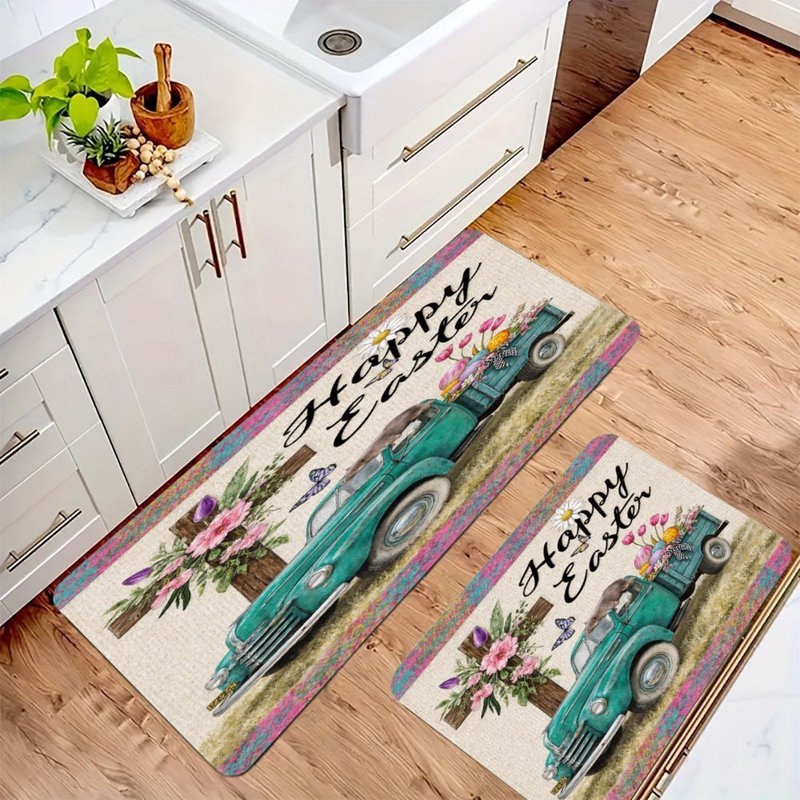 Tapis de cuisine antidérapant 2 pièces, Camion bleu sarcelle, œufs de Pâques