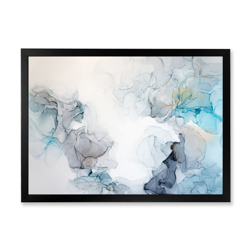 Vagues de marbre grises et bleues - art mural moderne sur toile, H 12 po x l 20 po x P 1 po, Toile avec cadre noir