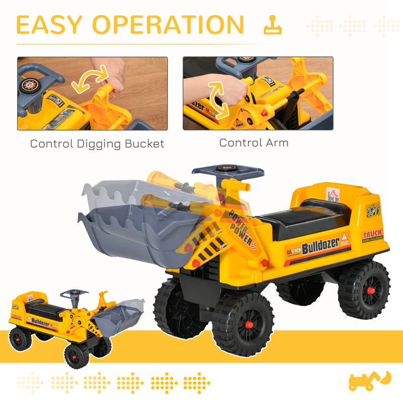 Yellow Plastic Ride-On Bulldozer with Storage and Digging Bucket