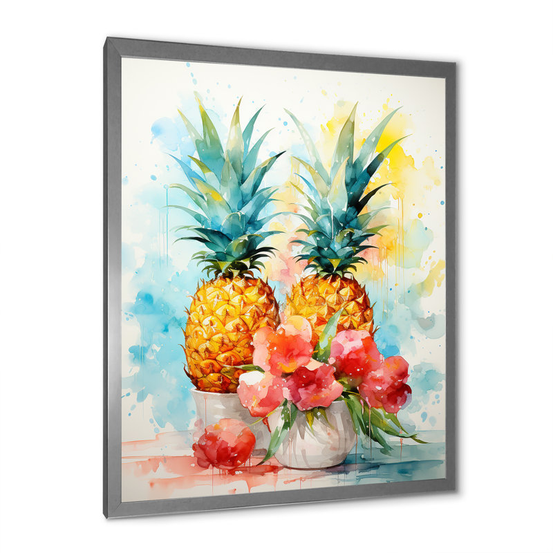 Aquarel ananas, peinture - Art mural ananas, Cadre simple argenté, H 32 po x l 24 po x P 1 po