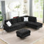 Canapé modulaire 3 places avec méridienne, repose-pieds avec rangement, pieds en métal et clous en cuivre, deux coussins blancs, noir (102 po x 76 po x 35 po)-1606879576