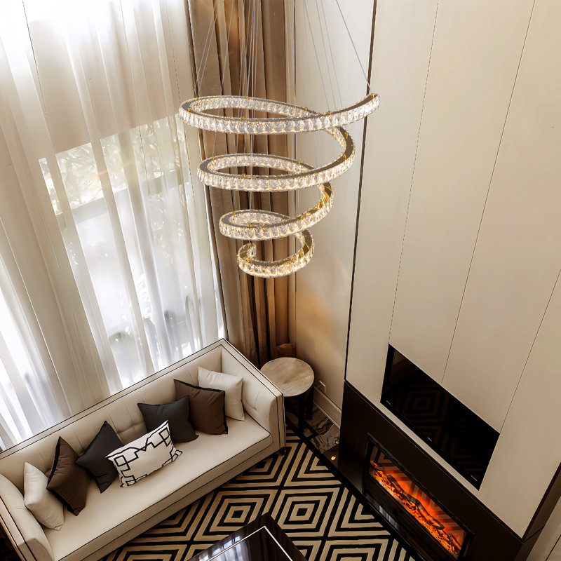 Modern Ring Crystal Chandelier Dimming Spiral Crystal LED Chandelier, Modern 4-Tier Ring Pendant Light for High Ceiling Staircases