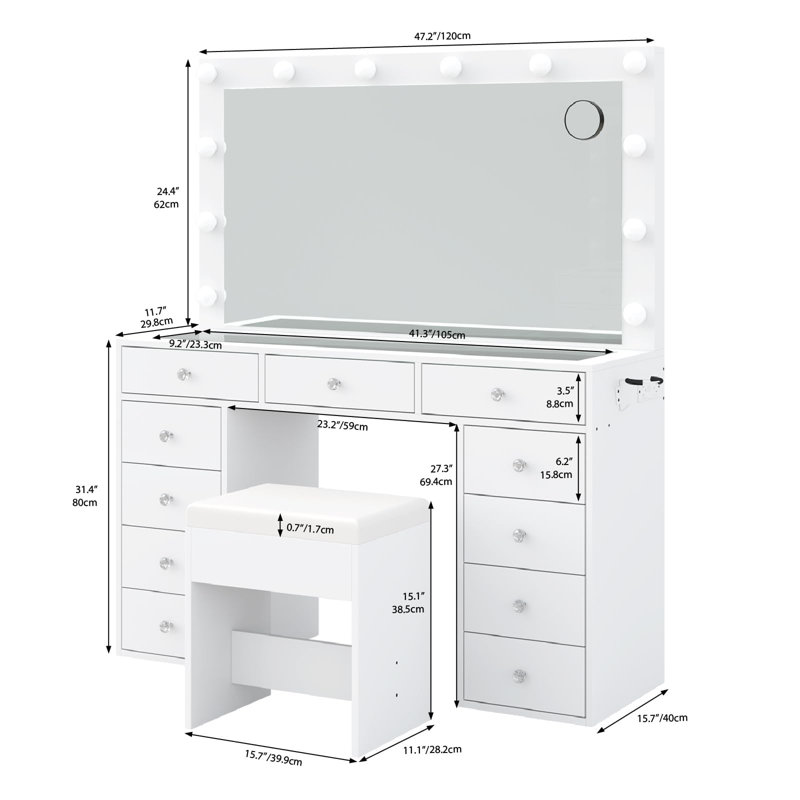 Pisklo Vanity desk & Power Outl, Makeup Vanity with Mirror and 12 LED Lights, Makeup Table with 11 Drawers, Vanity Table with Chair，Vanity Set 3 Lighting Modes Brightness Adjustable-(White)
