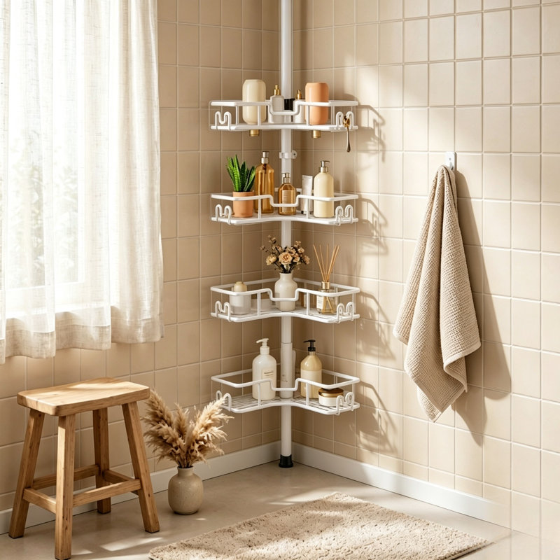 Étagère de douche d'angle à 4 niveaux, blanche, à fixation par tension, en métal résistant à l'eau et à la rouille, hauteur réglable de 121,1 cm à 314,3 cm