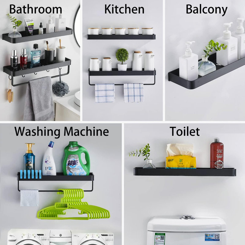 Étagères murales en verre pour salle de bain avec barre à serviettes, tablettes flottantes en aluminium noir à 2 niveaux pour le rangement et la décoration
