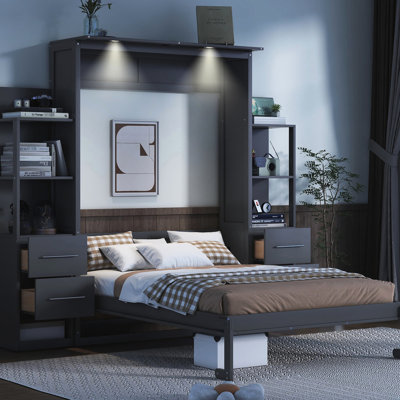 Lit double gris avec support à lattes et confort - Gain de place pour les petits appartements