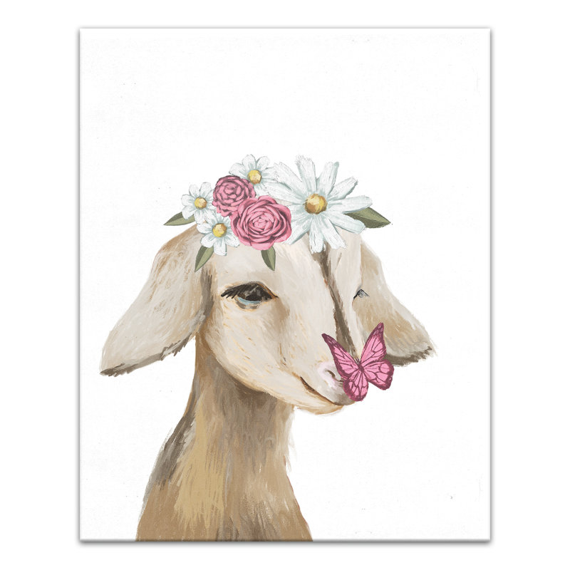 «Cute Baby Goat Butterfly Flowers», reproduction sur toile, H 30 po x l 24 po