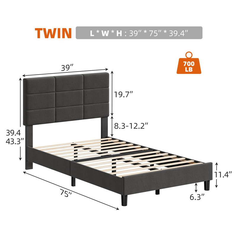 Nassau Platform Bed Frame with Fabric Upholstered Headboard and Wooden Slats Support, Fully Upholstered Mattress Foundation/No Box Spring Needed/Easy Assembly