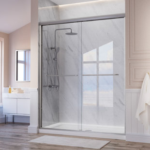 55" - 59'' W x 72'' H Double Sliding Door Semi-Frameless Shower Door With Two Towel Bars