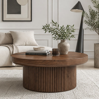 Mid-Century Round Coffee Table with Fluted Base & Parquet Top