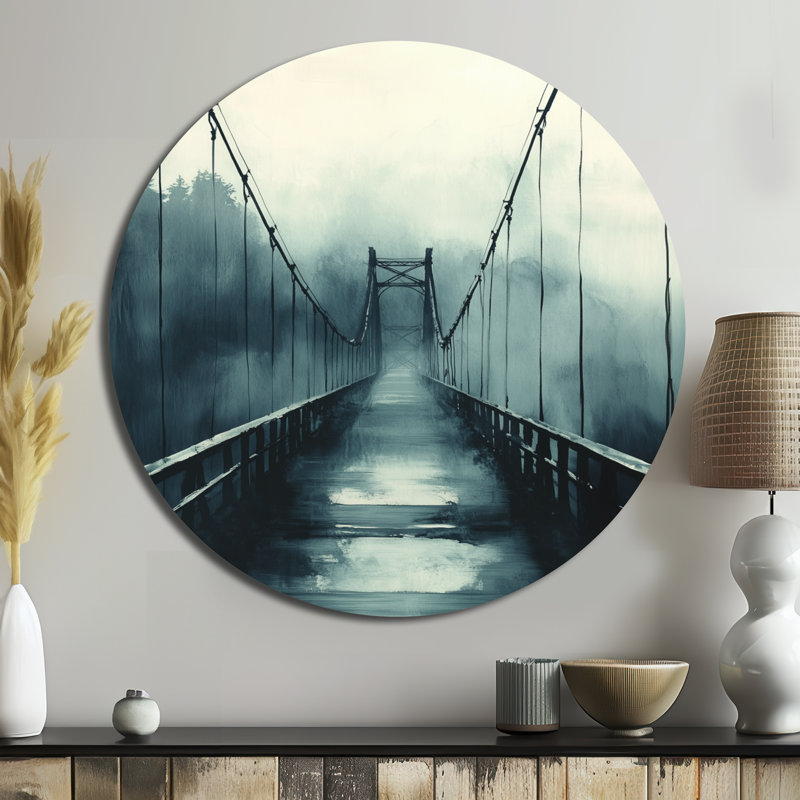 Structure de pont au-dessus d'une rivière brumeuse - décoration murale ronde en métal, L 16 po x H 16 po