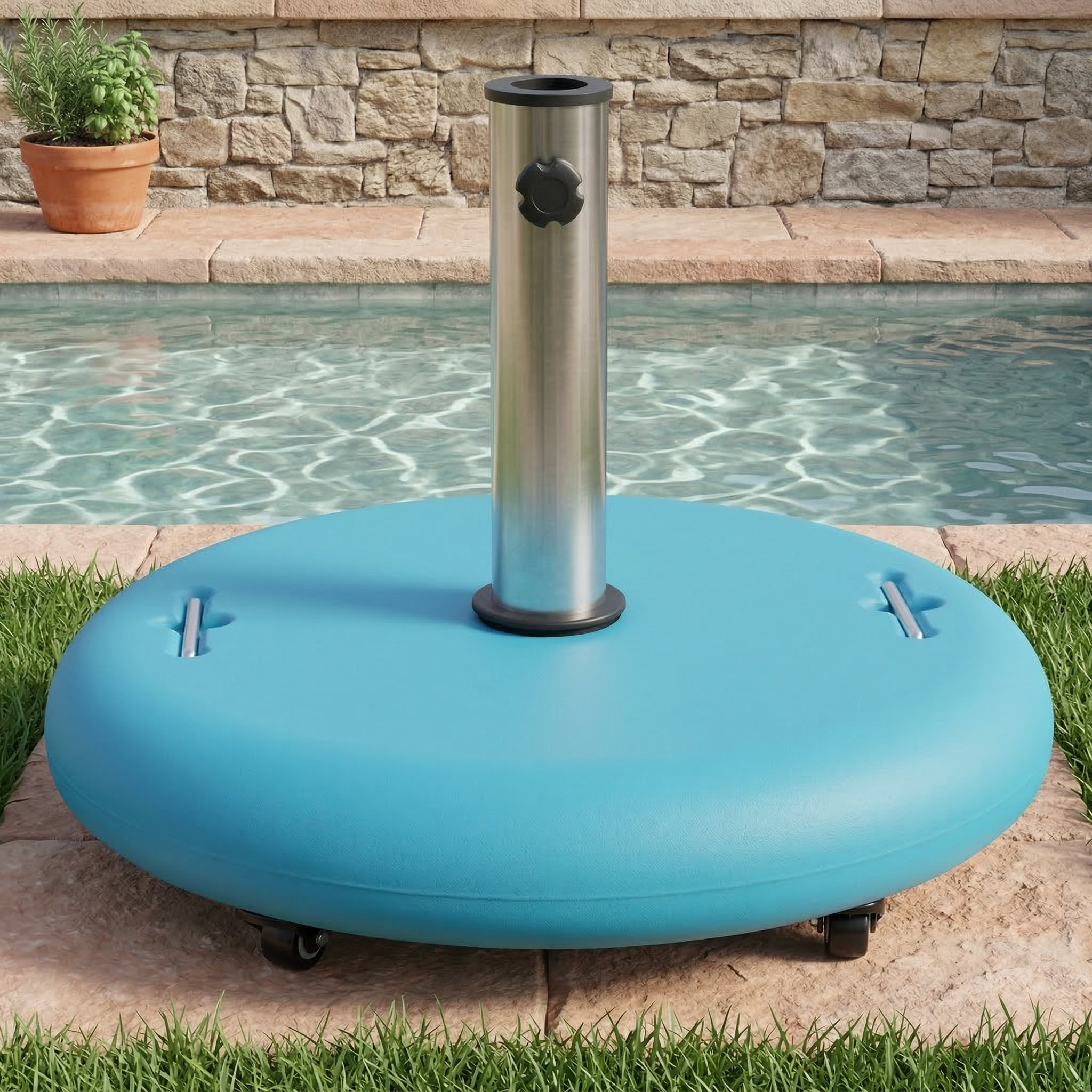 Latitude Run® Round-style umbrella base featuring wheels for easy ...