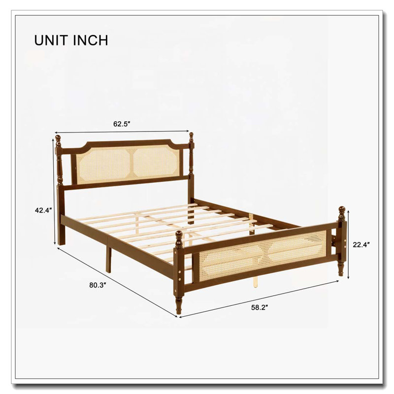 Lit en bois de pin avec tête et pied de lit en rotin, Grand lit, Noyer