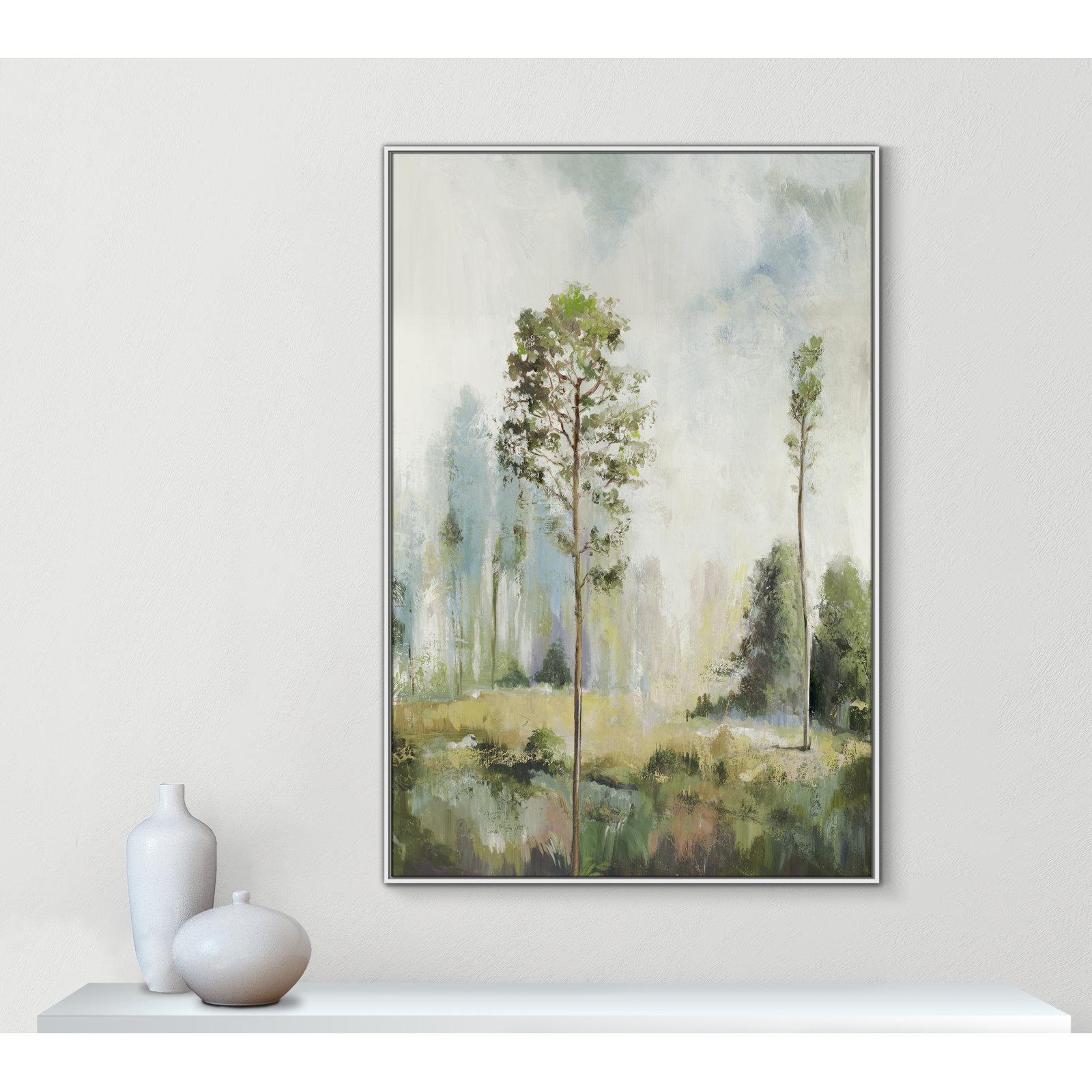 Tall Green Trees I by Teton Pearce - Floater Frame Print on Canvas, 61.5" H x 41.5" W, White