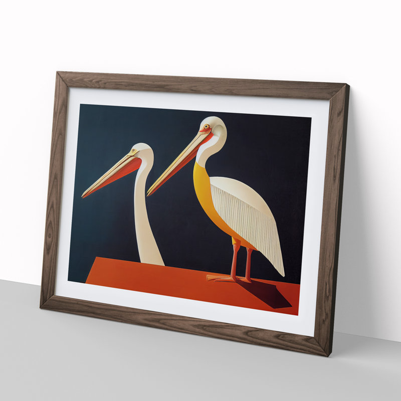 Two Pelicans Abstract - Single Picture Frame Print, 46cm H x 64cm W x 2cm D, Walnut