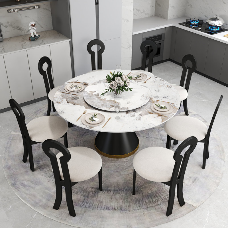 8 Seat Modern Round Sintered Stone Dining Table With Rotating Tray,modern Key-shaped Dining Chairs, Pandora