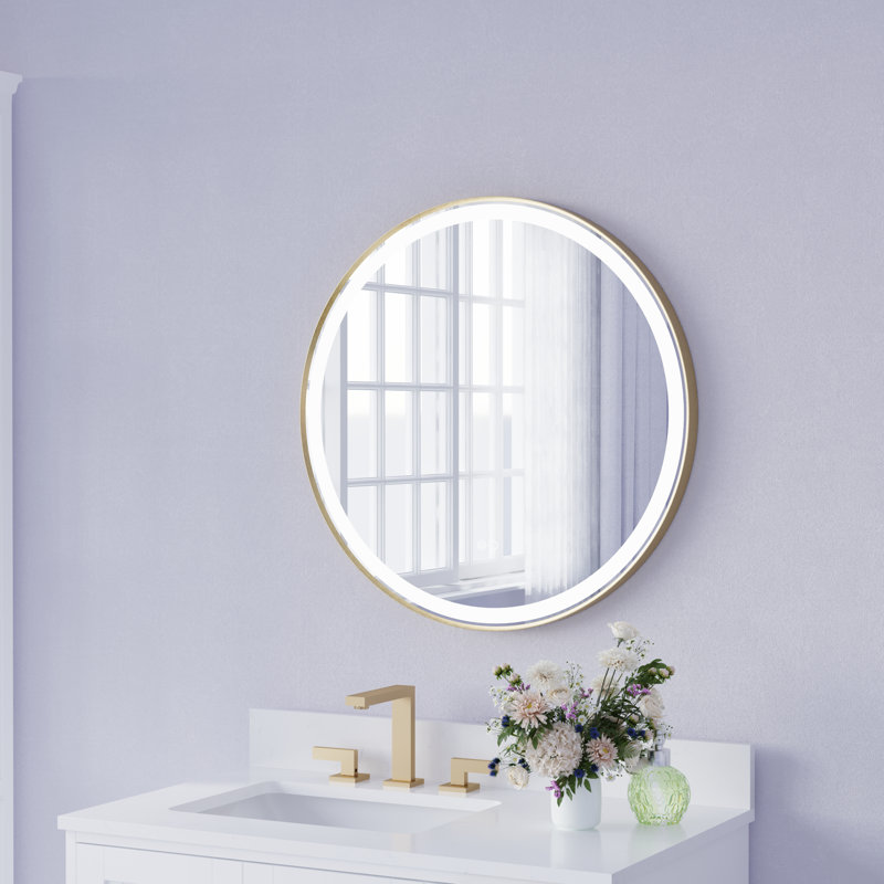 Lainy  Wall Mounted Bathroom Framed LED Mirror With Memory Function, 28" x 28", Brushed Gold