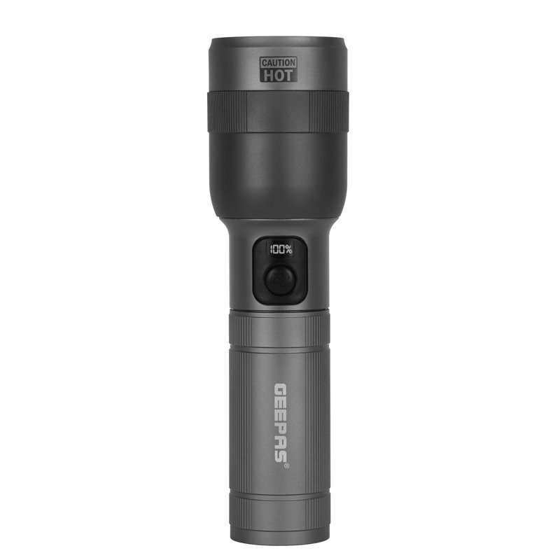 GEEPAS Zoomable LED Digital Flashlight | 3000 Lumen Super Bright Powerful 10000mAh Type-C Rechargeable | 12H Runtime 6 Modes | Waterproof Pocket Size Torch for Power Cuts Emergency Camping Hiking 60W