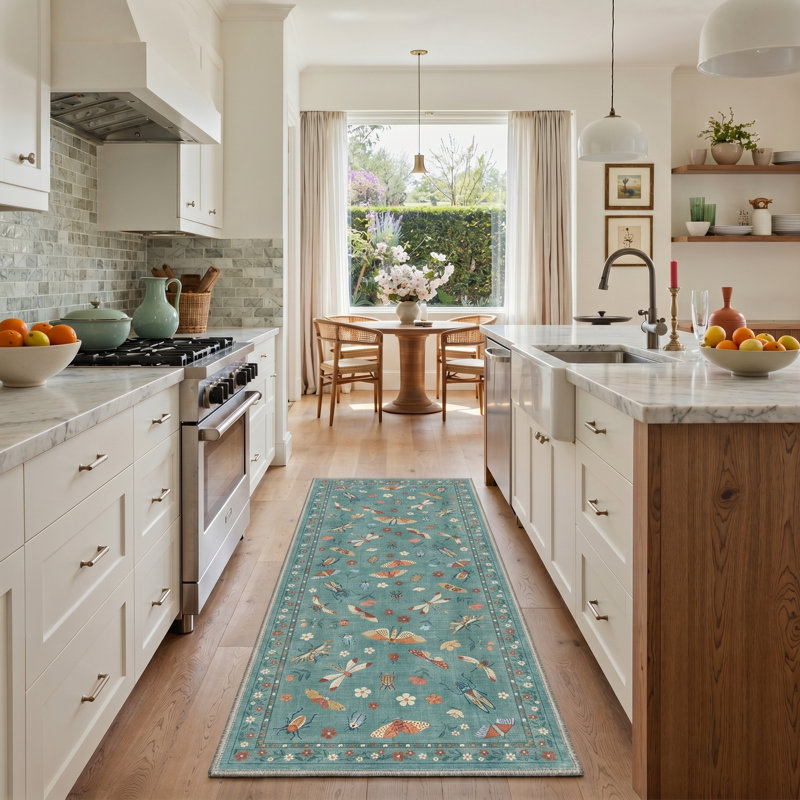 Butterfly Botanical Insect Blue Machine Washable Non Slip Runner Rug for Kitchen Hallway, Runner 2' x 7'
