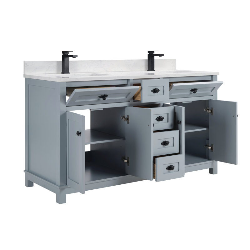 60" Solid Wood Bathroom Vanity with Engineered Stone Top, Double Sink, Black, Cadet