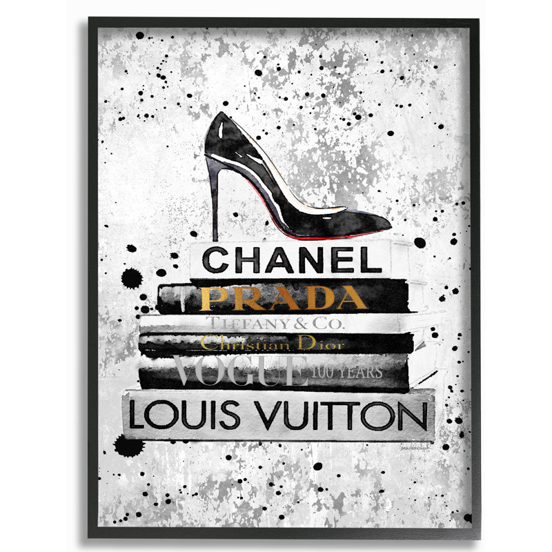 « mode stylisé chaussures bookstack black textured », impression, H 20 po x l 16 po x P 1,5 po, Giclée encadrée noir minuit