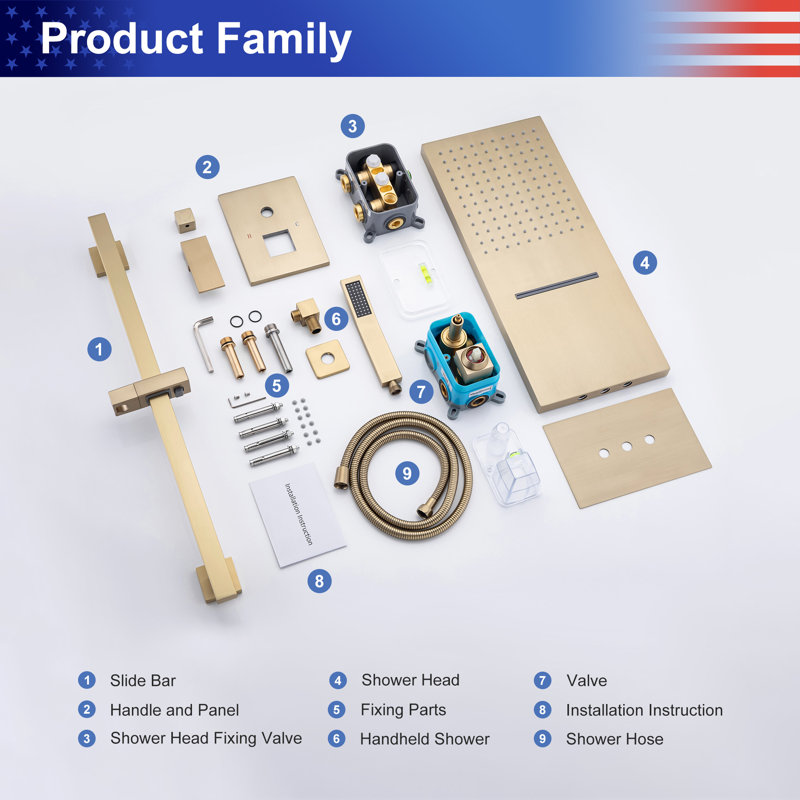 Diverter Complete Shower System with Rough in-Valve, Gold