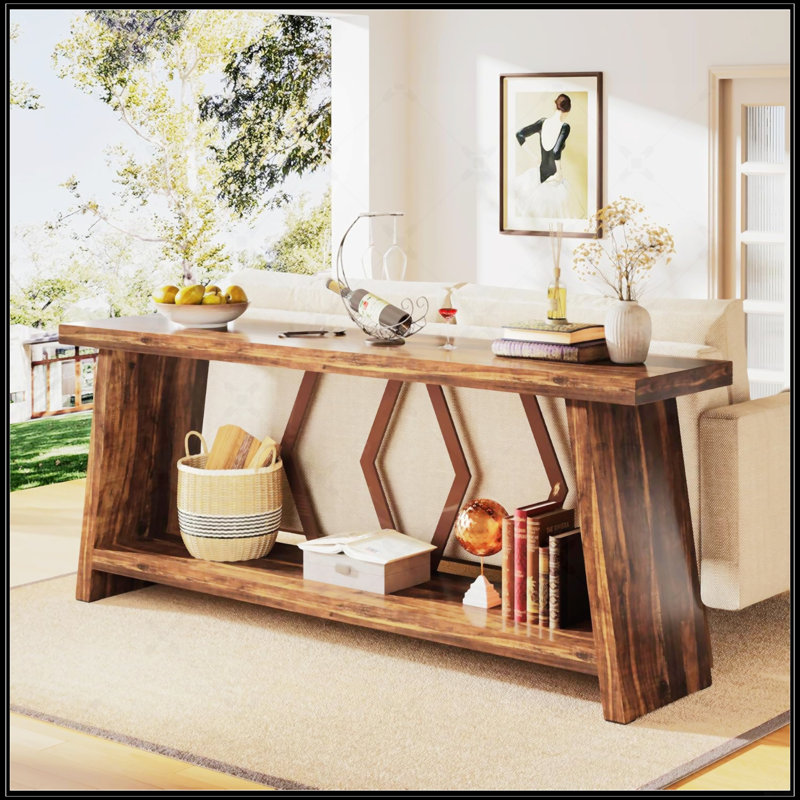 Console extra longue 70,9 pouces avec tablettes de rangement à 2 niveaux, design industriel rustique pour le salon et le couloir