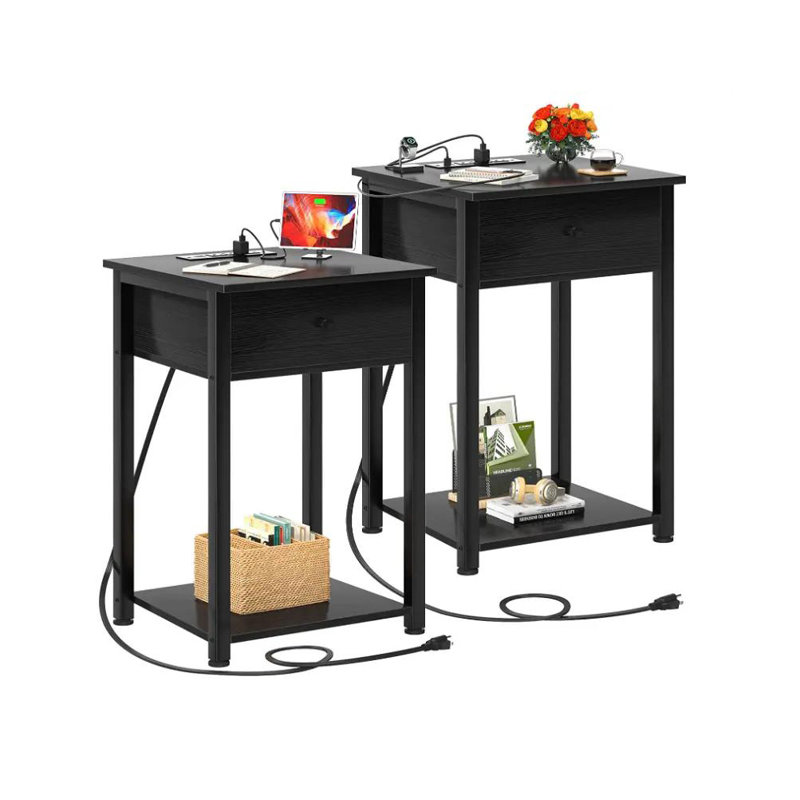Ensemble de tables de bout à 1 tiroir avec rangement et prises encastrées Frame, Noir