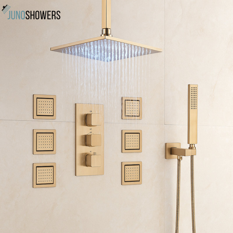 Système de douche en acier inoxydable de 12 pouces avec valve thermostatique et douchette à main flexible