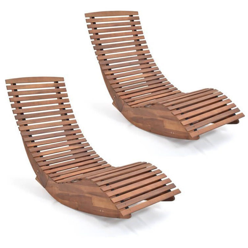  Set Of 2 Acacia Wood Patio Chaise Lounge Chair Outdoor Rocking Chair W/ Slatted Design