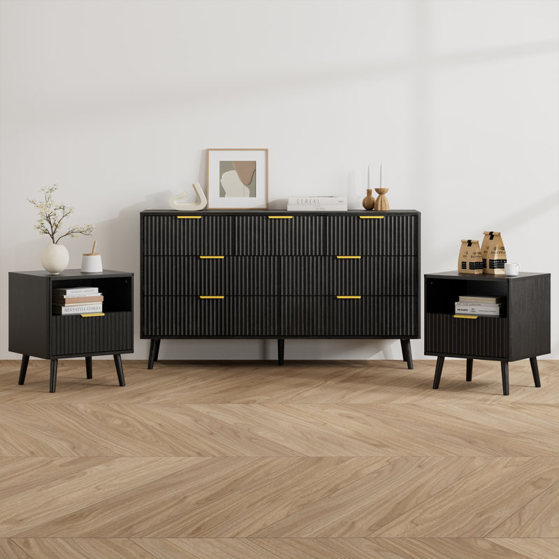 3-Piece Bedroom Set (1 Dresser + 2 Nightstands), Black