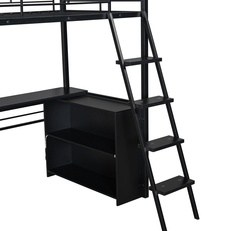 Black Twin Size Loft Bed With Led, Desk - Versatile Storage Options Metal Desk, Functional Design