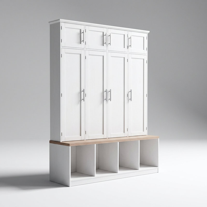 Arbre d'entrée Modern Farmhouse avec banc de sièges, armoire à chaussures et crochets de suspension, Blanc / Brun
