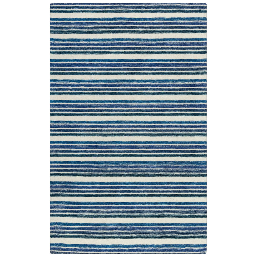 Nicolas Striped Handmade Tufted Wool Blue/Ivory Area Rug Rosecliff Heights Rug