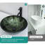 Lavabo de salle de bain en verre trempé, couleur, robinet noir et bonde escamotable pour différentes zones de la maison.