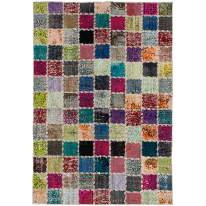 Tapis unique en laine noué à la main style patchwork rose / gris / vert 5 pi 9 po x 7 pi 8 po années 2010 Giasa