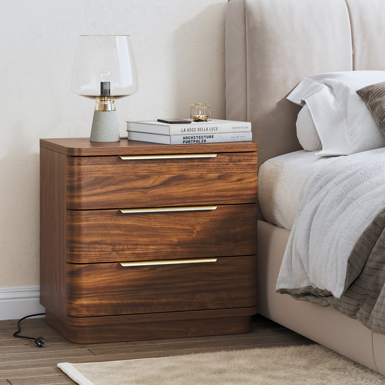 Nightstand With Charging Station, Mid Century Bedside Table With 3 Drawers, Black